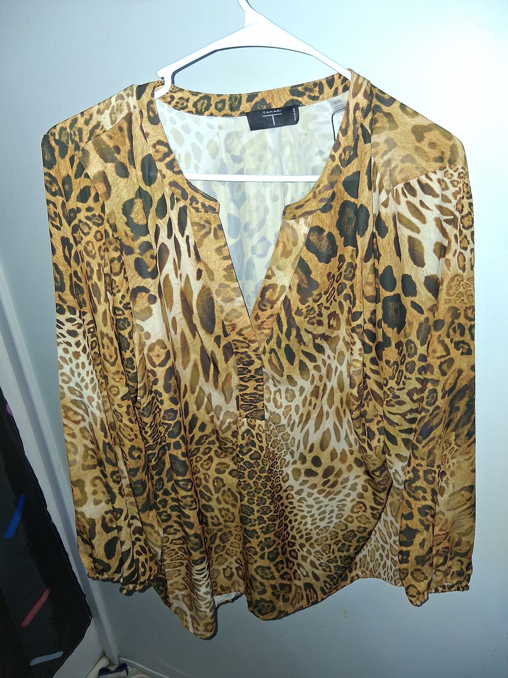 Tahari Leopard Print V-Neck Long Sleeve Blouse - Brown